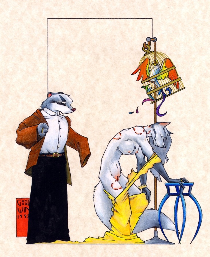 1998 anthro avian badger bird bite_mark breasts cage canid canine chris_goodwin clothing coat domestic_pet duo e621 female fox furries_with_pets genitals male mammal mustelid musteline nipples shirt simple_background tail textured_background topwear undressing vulva white_background wounded
