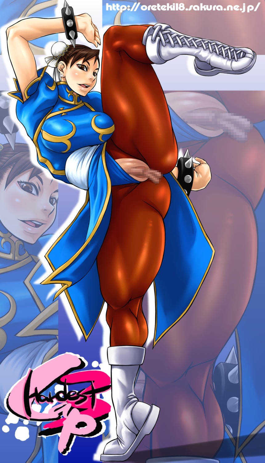 bracelet breasts brown_eyes brown_hair capcom censored china_dress chinese_clothes chun-li double_bun earrings female female_only highres huge_breasts human jewelry oreteki pantyhose pussy rule34 solo spiked_bracelet spikes straight_hair street_fighter