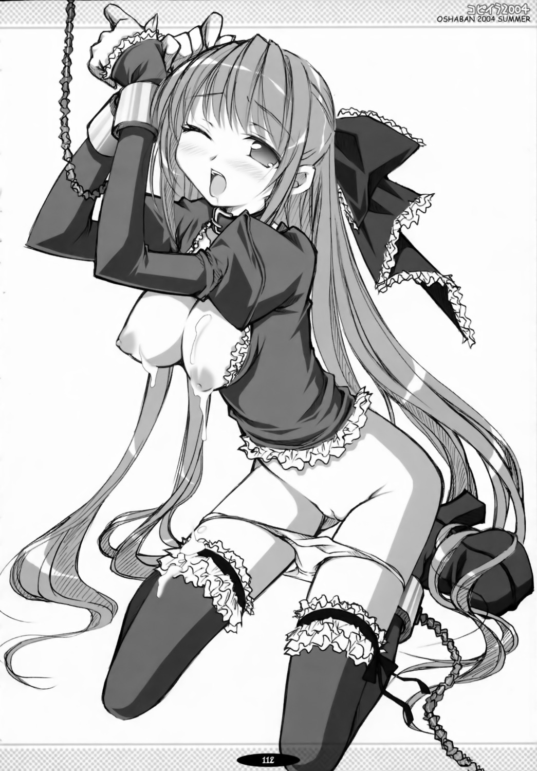 ankle_cuffs bondage chains cum female japanese_text lolita_fashion manacles monochrome nipples oppai oshaban page_112 page_number panties panty_pull pussy rule34 sasahiro thighhighs vagina