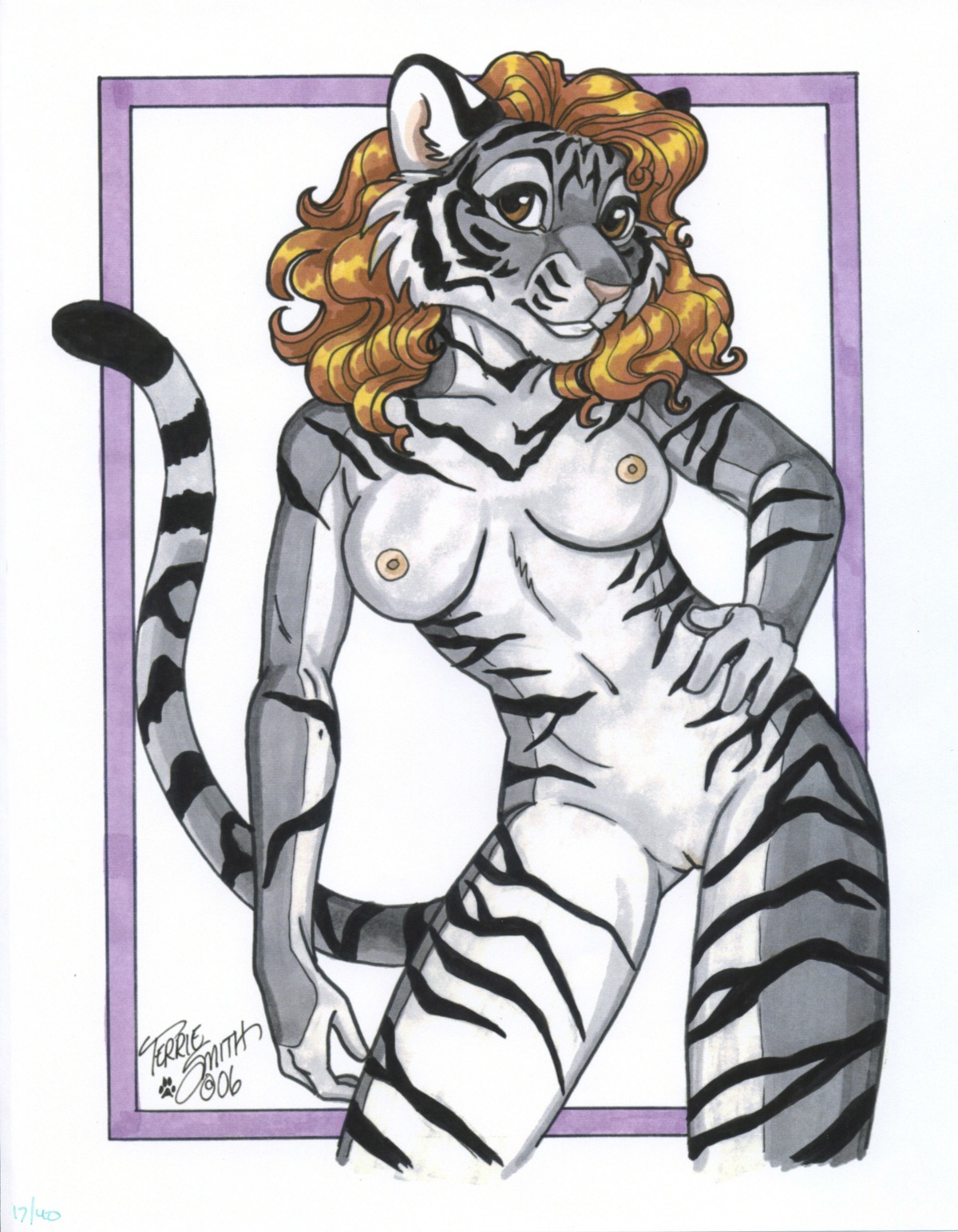 2006 absurd_res anthro breasts brown_hair e621 felid female fur genitals grey_body grey_fur hair hand_on_hip hi_res looking_at_viewer mammal nipples nude pantherine pinup pose scan signature simple_background smile solo stripes tail terrie_smith tiger traditional_media_(artwork) vulva white_background