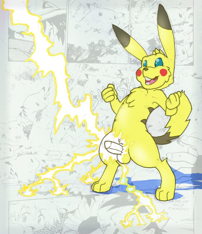 anthro anthrofied balls biped challen e621 electricity erection fur generation_1_pokemon genitals lightning male mammal nintendo open_mouth orgasm penis pikachu pokemon pokemon_(species) pokemorph rodent smile solo standing yellow_body yellow_fur
