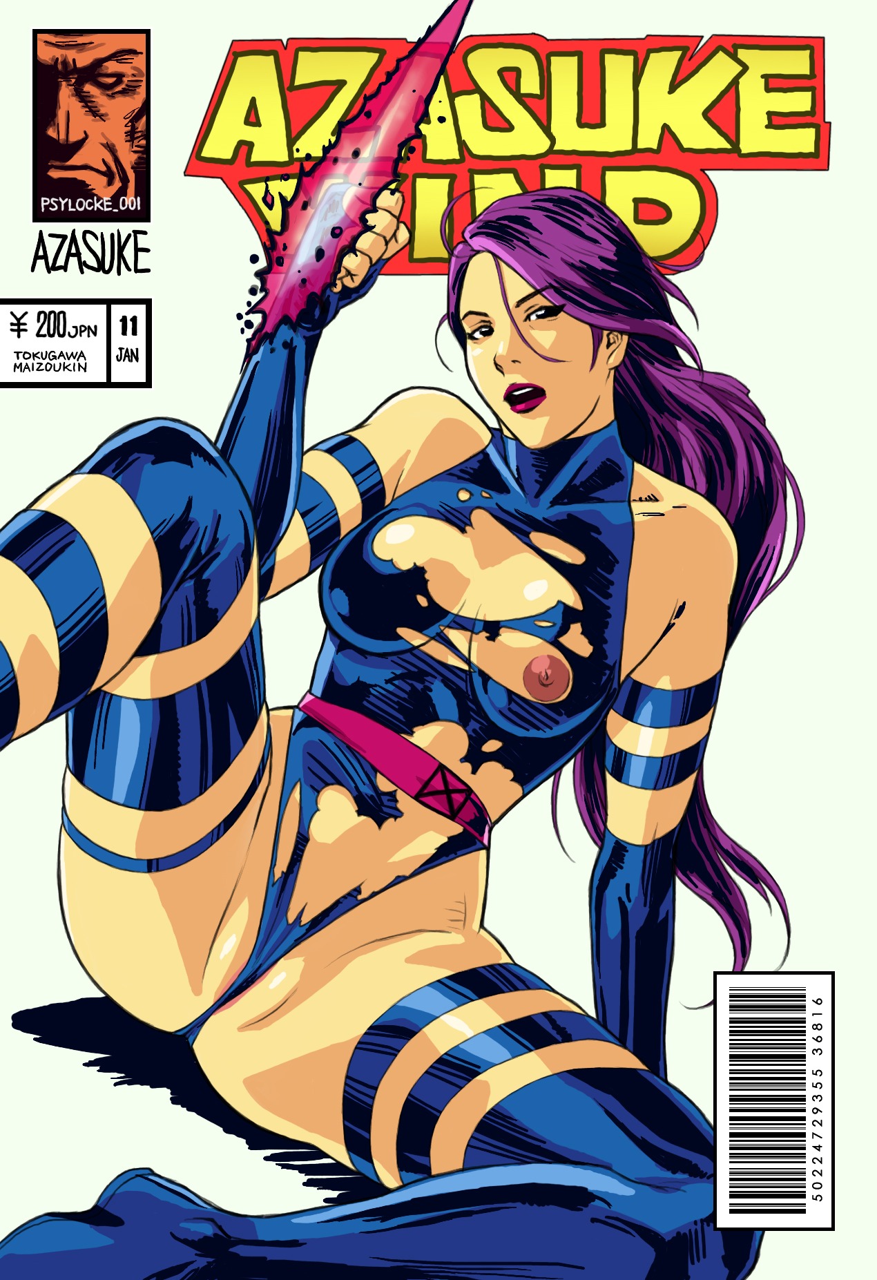 1girls asian azasuke barcode blue_eyes breasts bridal_gauntlets energy_blade female highres kneehighs leg_lift leotard lipstick long_hair marvel marvel_comics nipples no_bra psylocke_(kwannon) purple_hair rule34 sitting skin_tight solo spandex spread_legs straight_hair torn_clothes uncensored weapon x-men