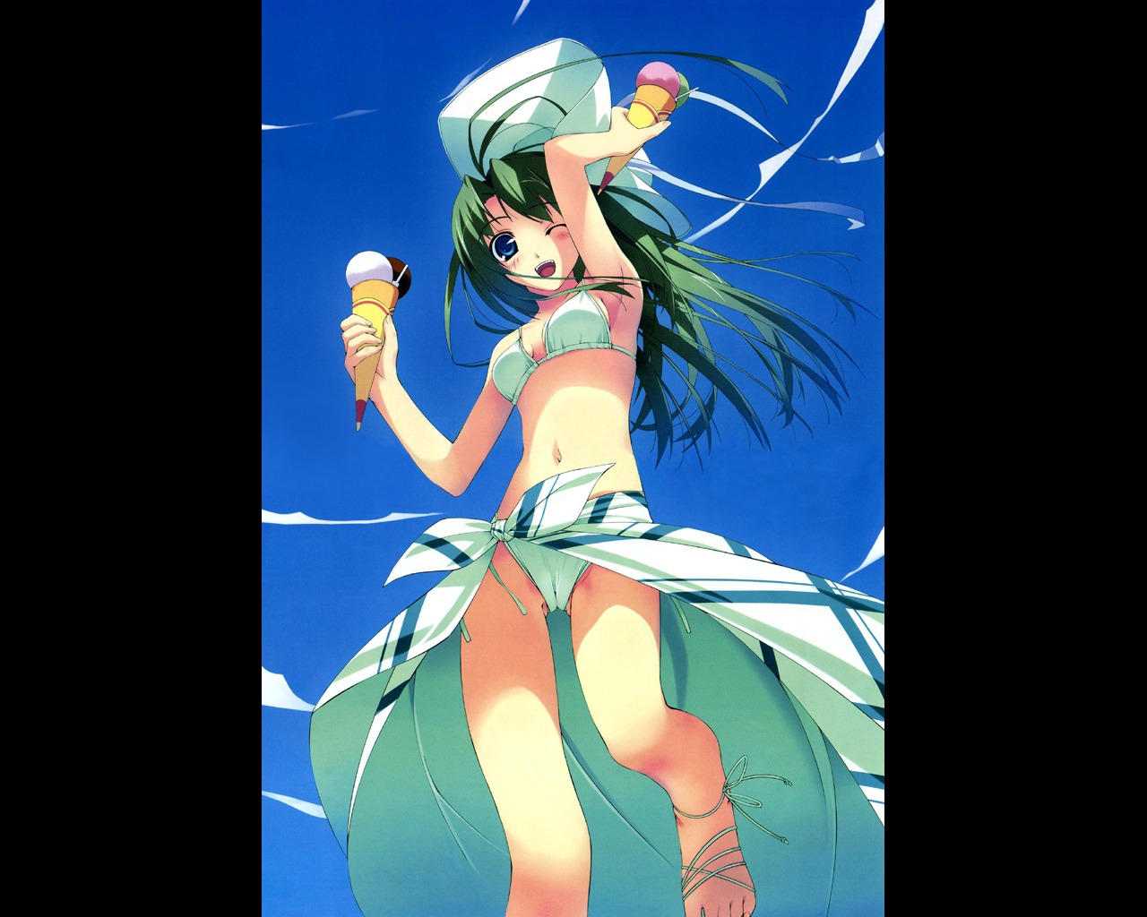 armpits bikini cameltoe female food green_hair hat ice_cream long_hair murakami_suigun pussy rule34 swimsuit wink