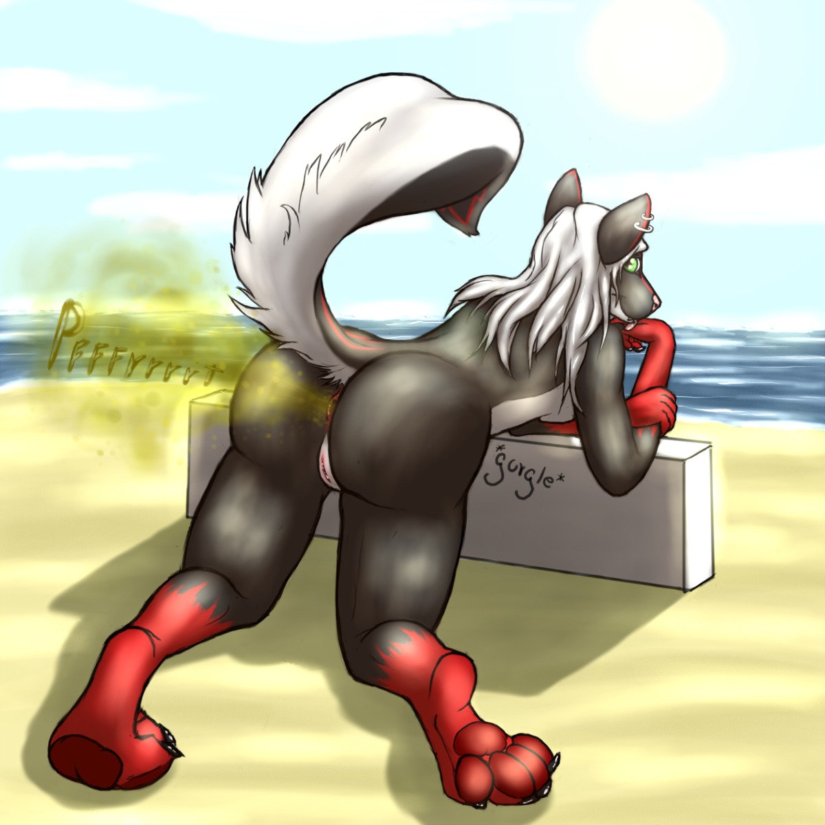 1:1 4_toes anthro anus arm_support beach biped black_body butt cloud day e621 ear_piercing fart fart_fetish feet female genitals green_eyes hair hi_res leaning_on_elbow long_hair looking_back mammal mephitid outside piercing pink_nose pose presenting presenting_hindquarters sand seaside skunk skunk_spray sky solo tail toes vivamus_lican. vulva water white_hair