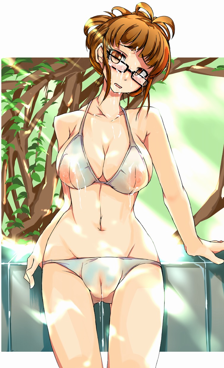 akizuki_ritsuko antenna_hair bikini blush breasts brown_eyes brown_hair female glasses highres idolmaster nipples rule34 see-through solo swimsuit