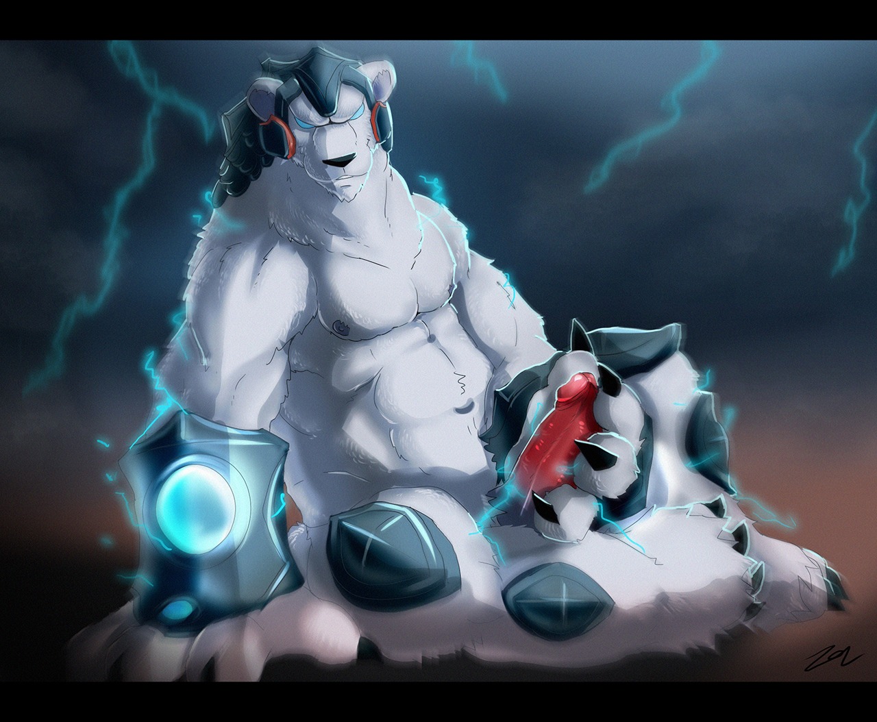 abs anthro armor bear big_hands biped black_bars claws cloud e621 electricity energy equipment erection feet fur gear gem genitals grin headgear helmet humanoid_genitalia humanoid_penis league_of_legends letterbox lightning looking_at_viewer male mammal masturbation muscular muscular_anthro muscular_male paws penile penile_masturbation penis polar_bear riot_games sitting smile sollyz solo tencent ursine volibear