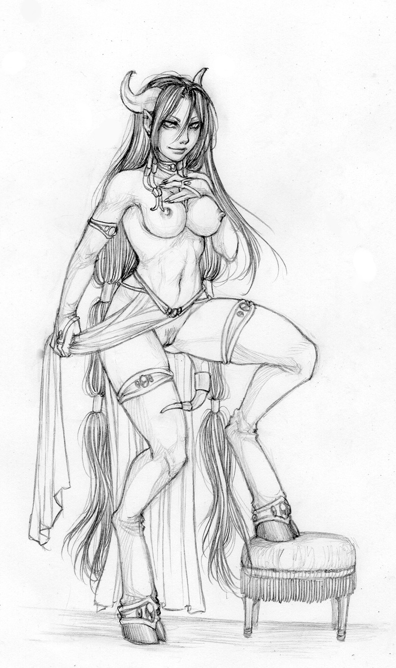 anklet armlet armwear breasts bridal_gauntlets clothed clothing dark_hair dark_pubic_hair draenei ear_piercing female female_only full_body greyscale hair_ring hand_on_chest hassock hooves horns humanoid_pussy jewelry leglet legwear light_armwear light_clothing light_jewelry light_legwear light_loincloth light_skin loincloth looking_at_viewer medium_breasts monochrome navel nipples piercing pointy_ears pose pubic_hair pussy ring rule34 simple_background sketch smile solo standing step_pose straight_hair suumunster tail_ring tendril_ring tendrils topless torc very_long_hair white_background world_of_warcraft