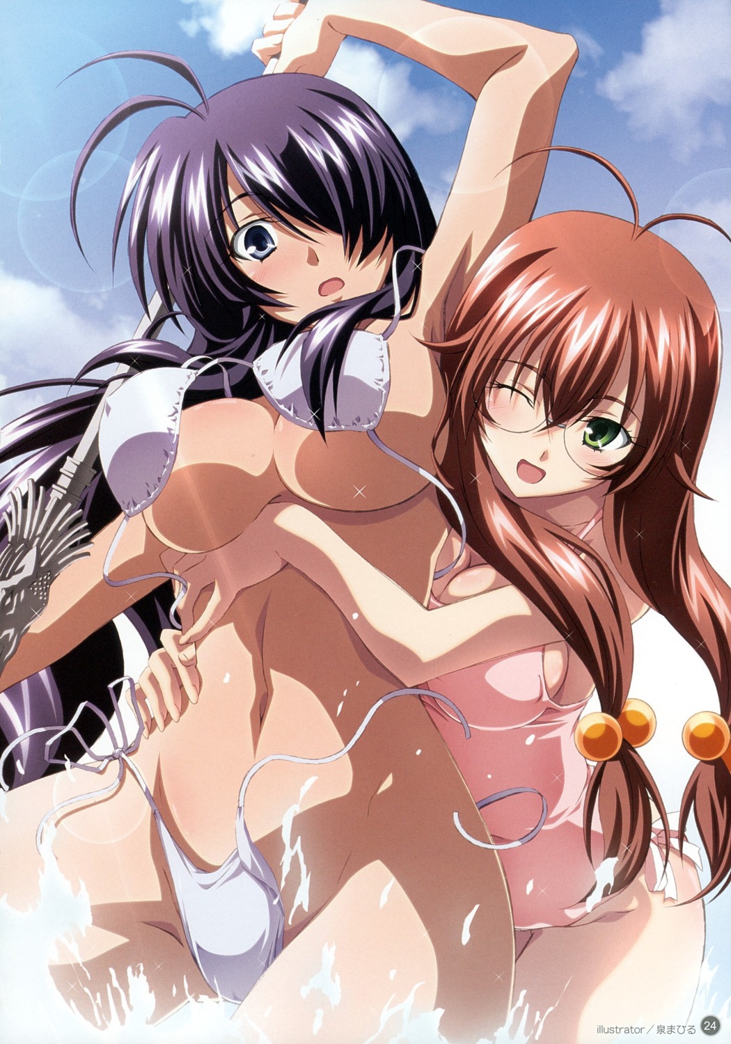 2girls antenna_hair armpits artbook assisted_exposure bangs belly bikini bikini_malfunction black_hair blue_eyes blush breast_slip breasts brown_hair duplicate fanbook female glasses grab green_eyes hair_over_eyes highres hug ikkitousen izumi_mahiru kanu_unchou long_hair low-tied_long_hair megane mizugi multiple_females multiple_girls navel official_fanbook open_mouth oppai rule34 ryuubi_gentoku scan shitapai side-tie_bikini smile swimsuit toranoana untied wardrobe_malfunction water wet wide_hips wink yuri