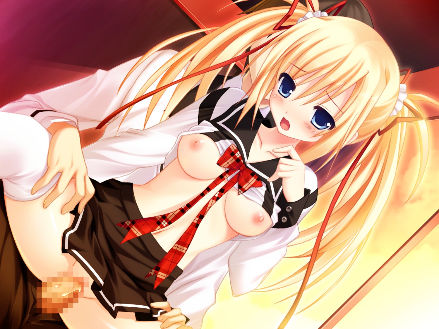 blonde_hair blue_eyes blush breasts censored female game_cg makita_maki male mecha-con! nipples penis pussy rule34 sawatari_saki seifuku sex thighhighs tied_hair twintails