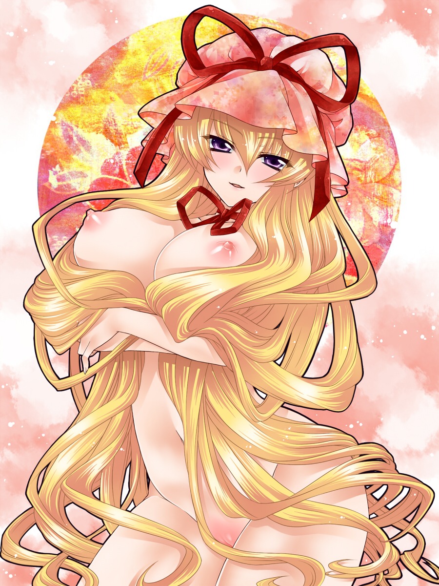 1girls blonde_hair blush breasts female hat highres large_breasts legs long_hair nipples nude purple_eyes pussy rule34 solo takatsuki_ichi thighs touhou uncensored very_long_hair yukari_yakumo