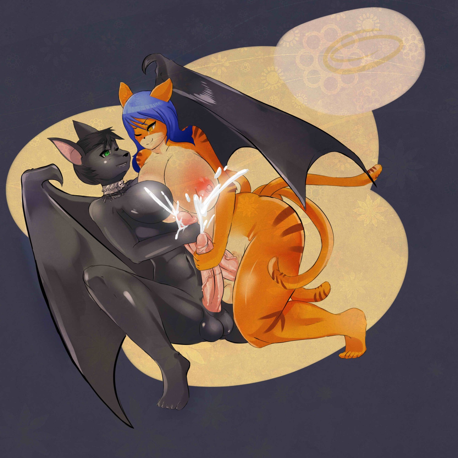 1:1 4_tails 5_toes absurd_res anthro anthro_on_anthro areola balls bangs bat big_breasts biped black_balls black_body black_breasts black_ears black_eyebrows black_fur black_hair black_nose black_wings blue_hair bodily_fluids breasts brown_body brown_fur brown_markings brown_tail collar collar_only countershading cum cumshot dainichi dark_balls dark_body dark_breasts dark_ears dark_fur dark_nose duo e621 ejaculation erection eyebrow_through_hair eyebrows feet felid fur genital_fluids genitals glans green_eyes gynomorph gynomorph/gynomorph hair handjob hi_res huge_breasts intersex intersex/intersex looking_at_another looking_at_partner mammal markings membrane_(anatomy) membranous_wings monotone_breasts monotone_genitals monotone_hair monotone_penis monotone_wings multi_tail multicolored_body multicolored_fur multicolored_tail mutual_handjob mutual_masturbation navel nikoh nipples nude one_eye_closed orange_body orange_ears orange_eyes orange_fur orange_tail orgasm overweight penile penis pink_glans pink_penis red_areola red_nipples sex short_hair simple_background slightly_chubby smile tail tan_body tan_breasts tan_countershading tan_fur toes translucent translucent_hair two_tone_tail vein veiny_penis wings