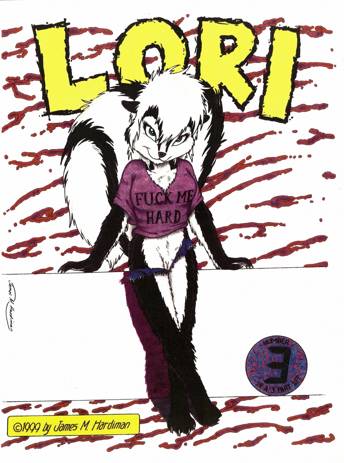 1999 4_toes absurd_res anthro barefoot biped bottomless claws clothed clothing e621 english_text feet female genitals hi_res james_m_hardiman lori_(jmh) mammal mephitid panties shirt skunk solo text toes topwear underwear vulva