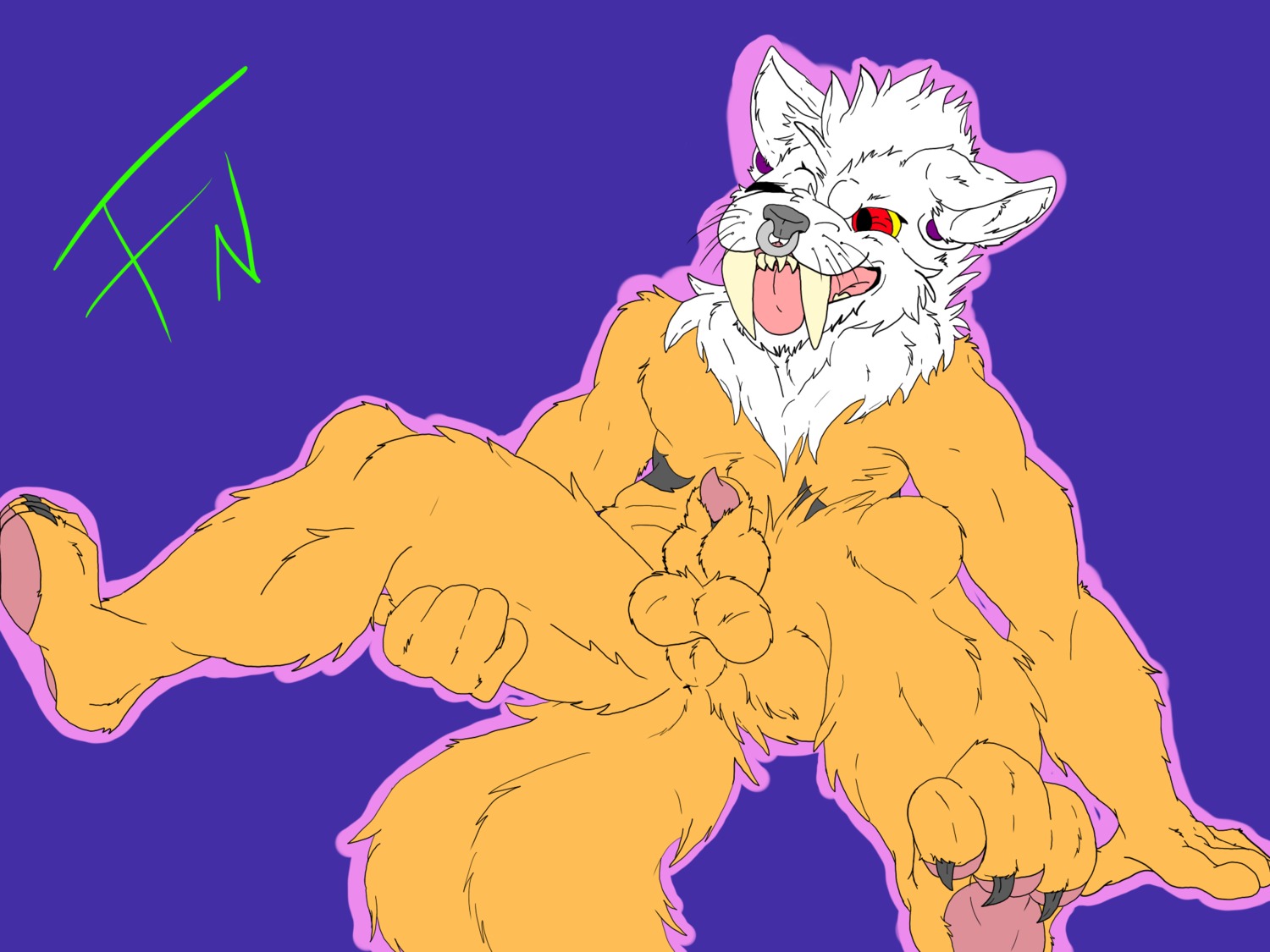 4:3 animal_genitalia anthro balls e621 fangs felid fench fenchfletcher genitals hi_res hybrid male mammal nude penis penis_tip piercing purple_background sheath simple_background solo spread_legs spreading teeth tongue