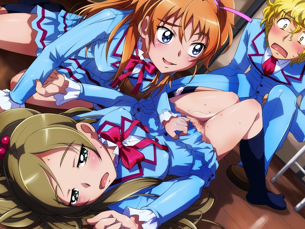 2girls blue_eyes blush breasts censored clothing female green_eyes houjou_hibiki long_hair minamino_kanade multiple_females multiple_girls precure pretty_cure pussy rule34 sameha_ikuya skirt skirt_lift small_breasts suite_precure sweat tagme threesome