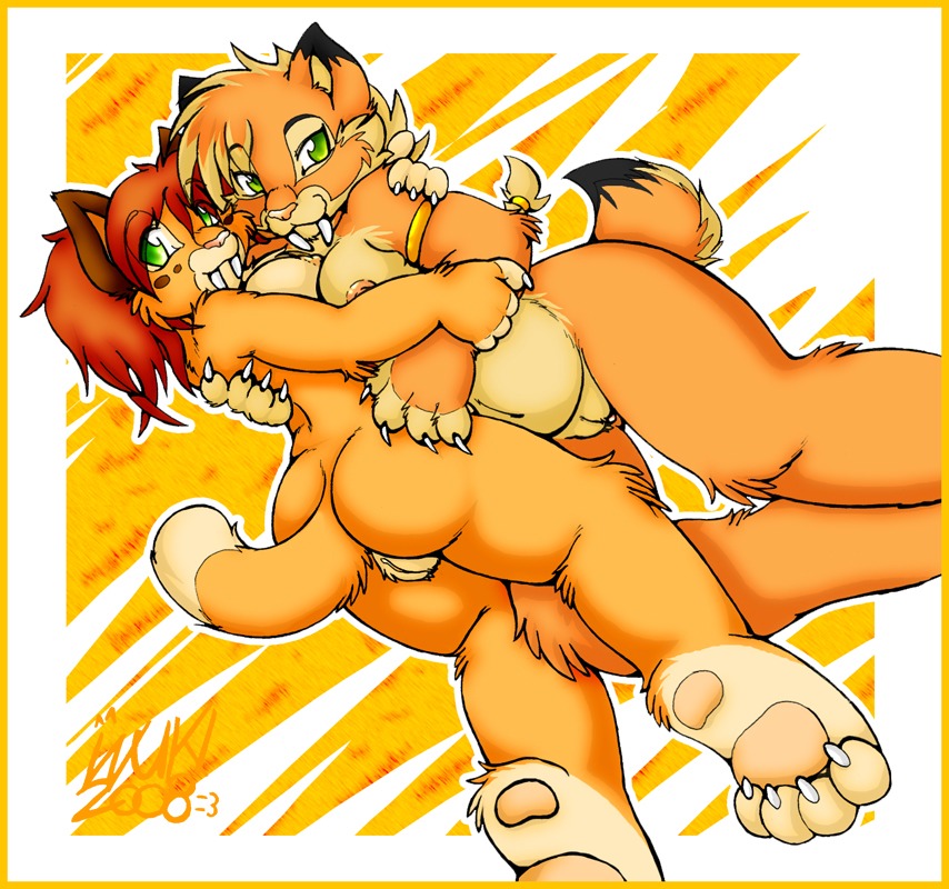 2008 anthro armband breast_squish breasts claws docked_tail duo e621 fangs feet felid female genitals green_eyes hair hindpaw hug hugging_another inuki looking_at_viewer mammal nude paws ponytail prehistoric_species reclining red_hair saber-toothed_tiger sabertooth_(anatomy) short_hair short_tail slightly_chubby squish tail teeth vulva
