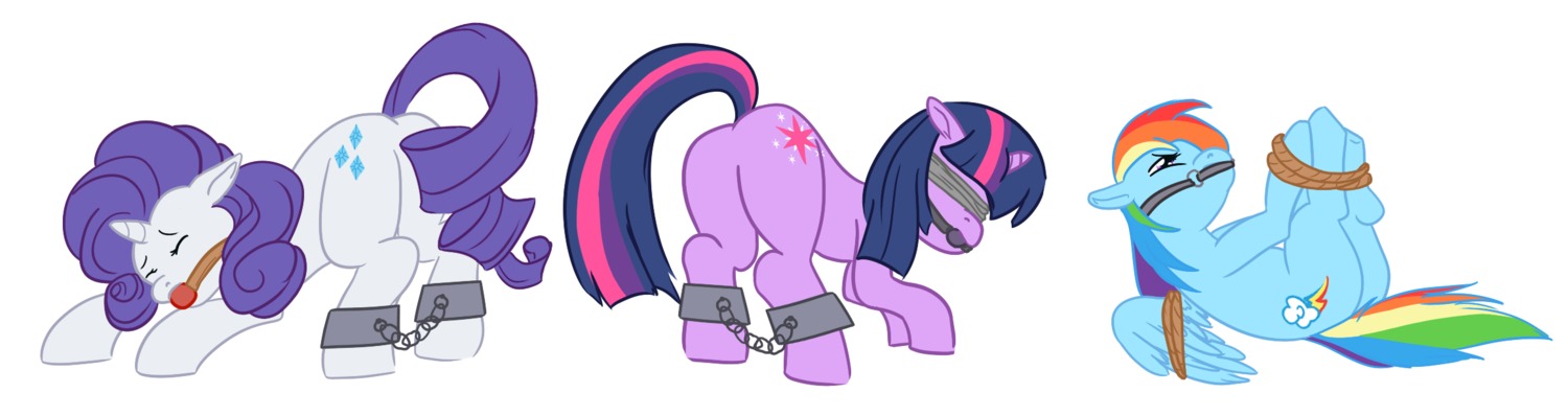 ass_up ball_gag blue_body blue_feathers blue_fur bound butt cuff_(restraint) cutie_mark e621 equid equine feathered_wings feathers female feral friendship_is_magic fur gag gagged group hair hasbro hi_res hogtied horn lying mammal multicolored_hair multicolored_tail my_little_pony mythological_creature mythological_equine mythology on_back pegasus purple_body purple_fur purple_hair rainbow_dash_(mlp) rainbow_hair rainbow_tail rarity_(mlp) restraints shackles tail twilight_sparkle_(mlp) two_tone_hair unicorn unknown_artist wings