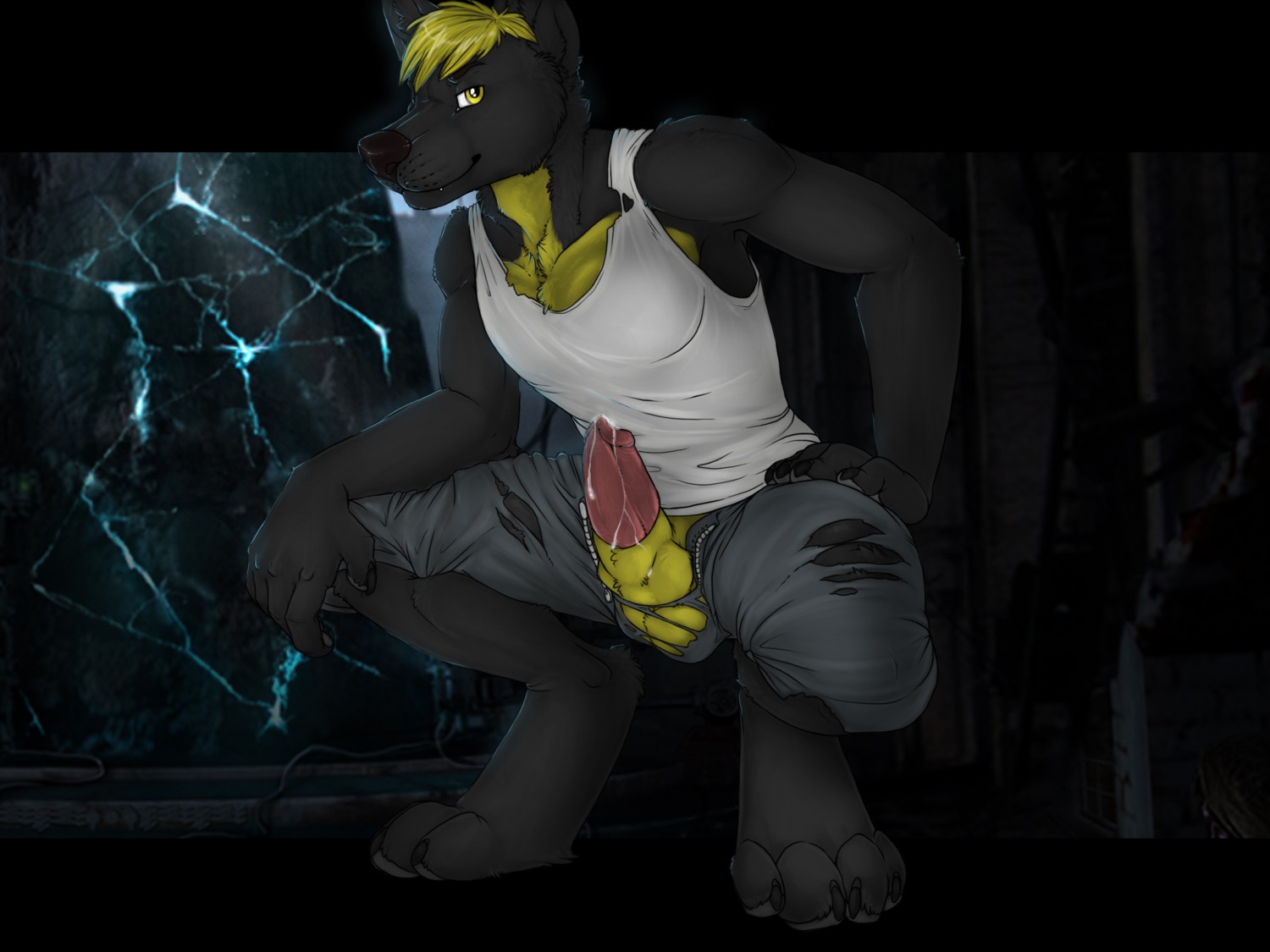 2011 4:3 abstract_background animal_genitalia animal_penis anthro anubian_jackal balls biceps biped black_body black_fur black_nose blonde_hair bodily_fluids bottomwear brown_nose canid canine canine_genitalia canine_penis canis claws clothed clothing crouching cum deity detached_sheath digitigrade domestic_dog e621 erection feet fur genital_fluids genitals hair hand_on_hip hi_res hindpaw hybrid jackal knot knot_in_sheath looking_at_viewer male mammal muscular muscular_anthro muscular_male pants partially_clothed paws pecs penis penis_poking_out penis_through_fly precum sheath sheath_through_fly shirt short_hair simple_background smile solo spread_legs spreading tank_top tight_clothing toe_claws topwear torn_clothing vein xenoforge yellow_balls yellow_body yellow_eyes yellow_fur yellow_sheath