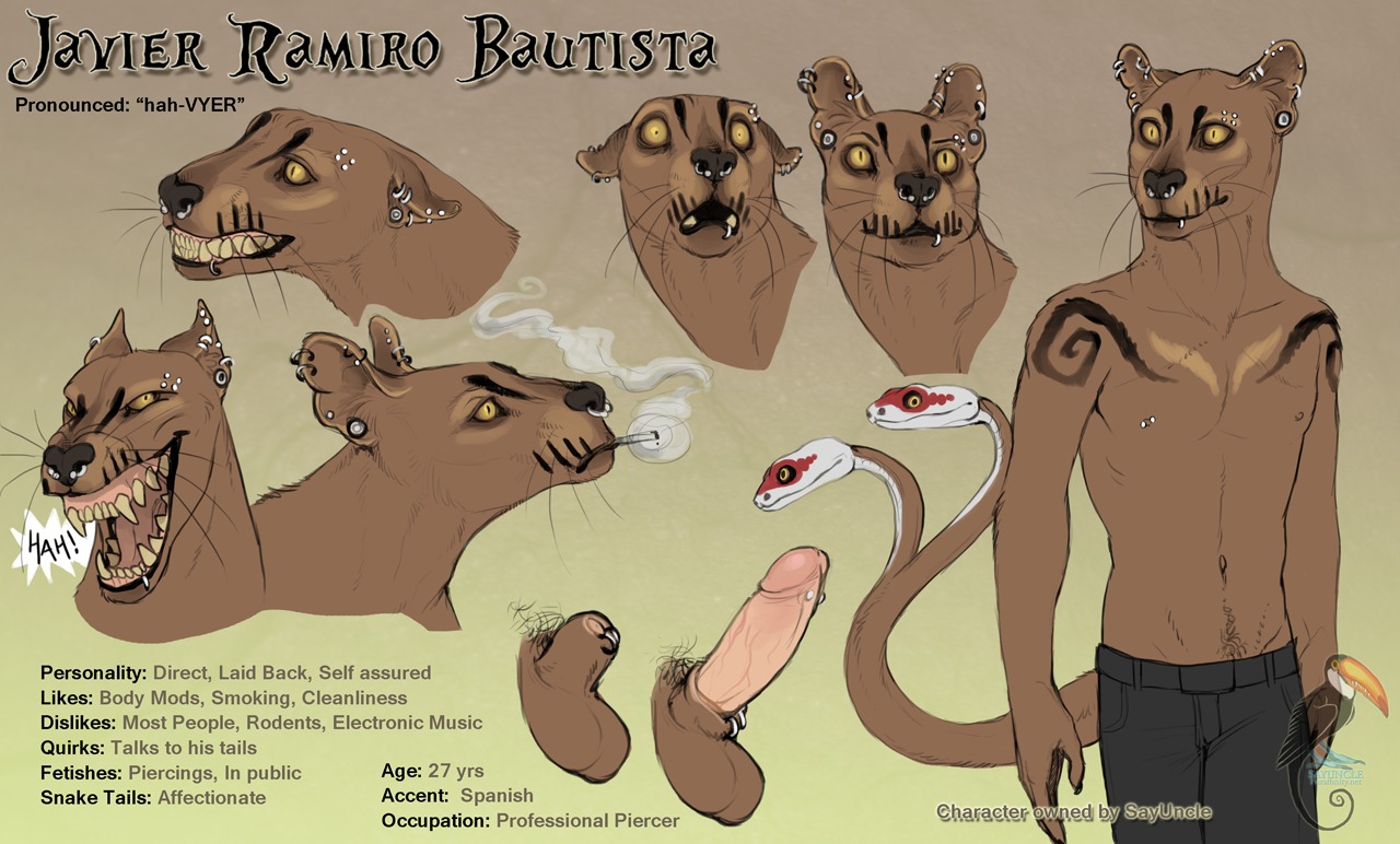 2013 animal_genitalia anthro barbell_piercing bottomwear brown_body brown_fur cigarette circular_barbell_piercing clothing detached_sheath e621 ear_piercing ear_ring english_text erection euplerid eyebrow_barbell eyebrow_piercing facial_piercing fangs forked_tail fossa frenum_piercing fur furgonomic_piercing furgonomics gauged_ear genital_piercing genitals humanoid_genitalia humanoid_penis hybrid_genitalia hybrid_penis javier_(sayuncle) laugh lip_piercing lip_ring living_tail male mammal markings model_sheet multiple_piercings nipple_piercing nipples nose_piercing nose_ring notched_ear pants penis penis_piercing piercing prince_albert_piercing pubes pupils reptile ring_piercing sayuncle scalie septum_circular_barbell septum_piercing sheath sheath_piercing sheath_ring slit_pupils smoke smoking snake snake_tail solo tail teeth text unusual_anatomy unusual_tail yellow_eyes