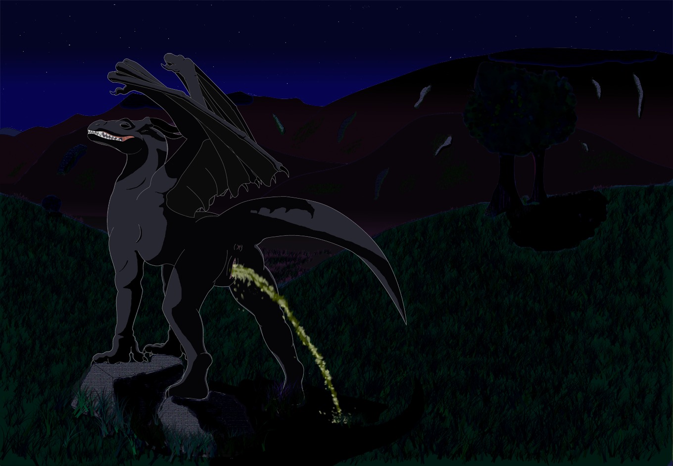 anus black closed_eyes dragon female feral night nio outdoors peeing pussy rule34 scalie tagme watersports