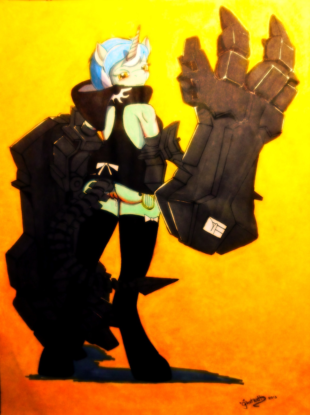 absurd_res amber_eyes anthro anthrofied bionics blue_hair bottomless butt clothed clothing cutie_mark cybernetics e621 equid equine female friendship_is_magic genitals ghstkatt hair hasbro hi_res hood horn legwear looking_at_viewer looking_back lyra_heartstrings_(mlp) machine mammal my_little_pony mythological_creature mythological_equine mythology ribbons smile solo stockings third-party_edit unicorn vulva