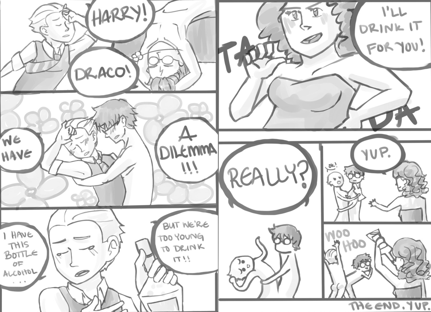 1girls comedy comic dialogue draco_malfoy english_text female gay gryffindor harry_james_potter harry_potter hermione_granger joke male monochrome rule34 school_clothes school_uniform slytherin speech_bubble sweater_vest tagme text witch_(harry_potter) yaoi