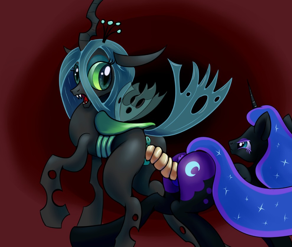 2013 anus arthropod black_body black_feathers black_fur blue_hair changeling_(mlp) cutie_mark dildo double_dildo duo e621 equid equine feathered_wings feathers female female/female feral feral_on_feral friendship_is_magic frown fur genitals green_eyes hair half-closed_eyes hasbro horn insect_wings looking_back mammal my_little_pony mythological_creature mythological_equine mythology narrowed_eyes nightmare_moon_(mlp) open_mouth penetration quadruped queen_chrysalis_(mlp) ragingsemi sex_toy simple_background tail vaginal vaginal_penetration vulva winged_unicorn wings