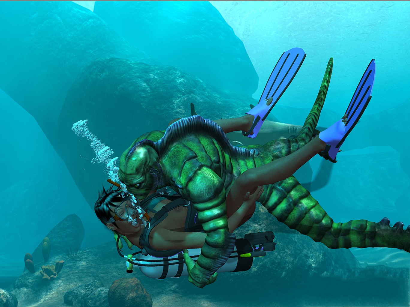 3d_(artwork) asphyxiation breasts digital_media_(artwork) drowning duo e621 eyes_closed female fully/fully_submerged fully_submerged human interspecies male male/female mammal monster nipples oldjomo scuba_diver sex sex_in_water tail underwater underwater_sex unknown_artist water
