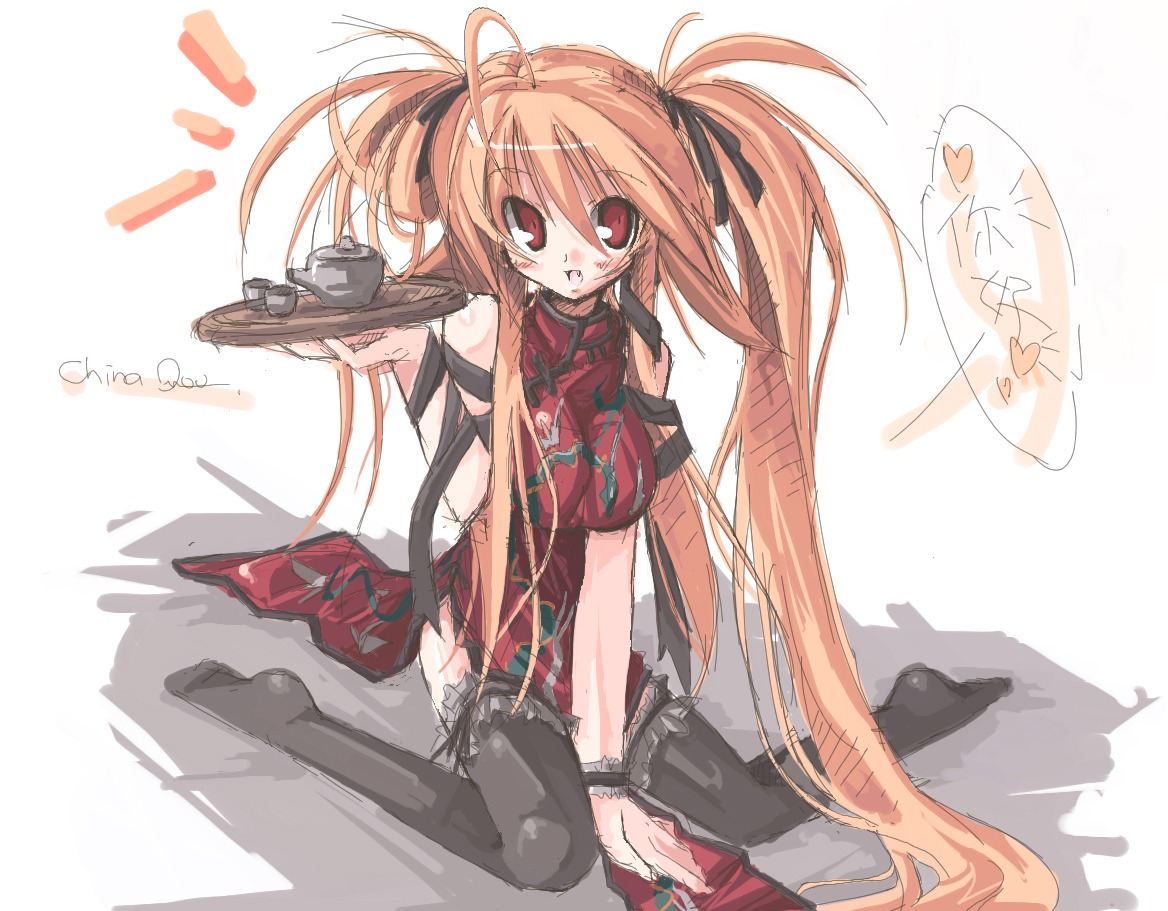 ahoge black_legwear black_thighhighs blush brown_eyes china_dress chinadress chinese_clothes cute_fang endou_chihiro female frilled_thighhighs frills hair_ribbon heart long_hair looking_at_viewer orange_hair ribbon rule34 sitting sketch solo tea thighhighs tied_hair tray twintails uneven_twintails very_long_hair wariza wrist_cuffs