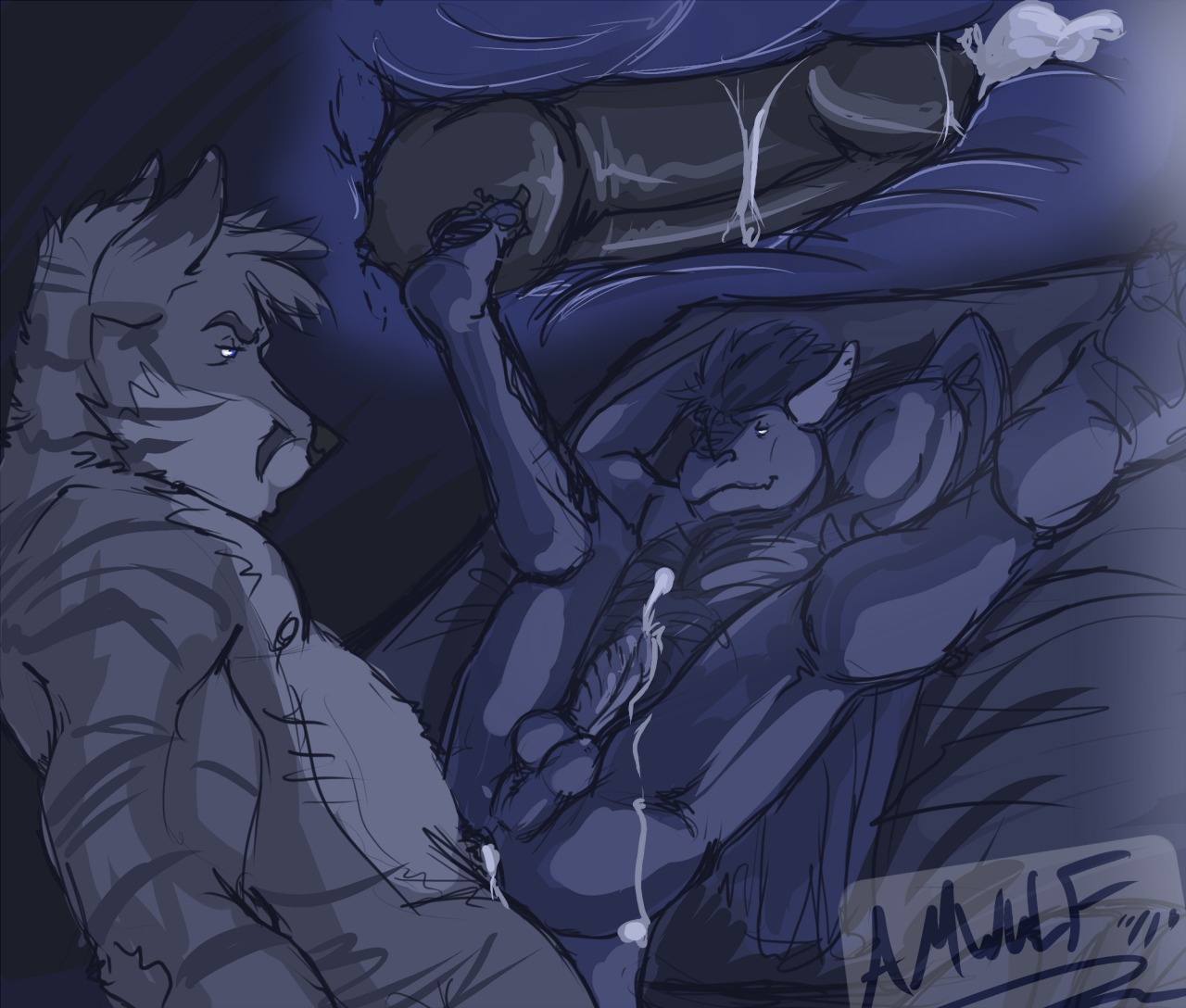 2011 amwulf anal anal_knotting anal_penetration anthro balls balls_deep bed bedroom biceps big_muscles big_penis black_nose black_penis blue_body blue_eyes blue_hair blue_skin bodily_fluids canid canine cum cum_in_ass cum_inside cumshot dragon drathek duo e621 ejaculation erection felid fox fur furniture genital_fluids genitals grey_body grey_fur grey_hair hair hirokun_rau hybrid inside internal interspecies knot knotting legs_up male male/male male_penetrated male_penetrating male_penetrating_male mammal muscular muscular_male mythological_creature mythological_scalie mythology nipples nude orgasm pantherine penetration penis scalie sex tiger white_body white_fur