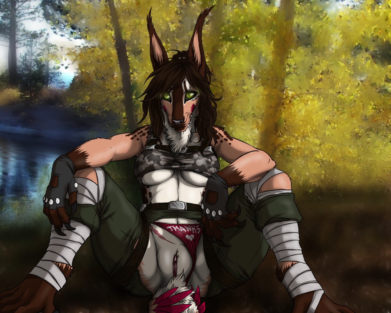 2013 5:4 anthro biped breasts brown_body brown_fur brown_hair canid canine clothing clothing_aside e621 female fur genitals green_eyes hair hi_res hybrid lake looking_at_viewer mammal outside panties panties_aside plant presenting raphian shiko shikoyote sitting solo spread_legs spreading tree under_boob underwear underwear_aside vulva