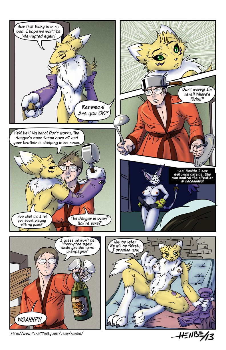 2013 alcohol anthro armwear bandai_namco bed beverage big_breasts black_sclera blue_eyes bottle breasts bridal_gauntlets butt canid canine champagne chest_tuft claws clothed clothing comic container countershading dialogue digimon digimon_(species) digiphilia dildo e621 english_text eyes_closed felid female female/female fur furniture gatomon genitals gloves group hair handwear henbe hi_res human interspecies kitchenware lying male mammal multicolored_body multicolored_fur nipples nude on_back pantherine renamon sex_toy smile spread_legs spreading strapon tail text tiger tuft two_tone_body two_tone_fur url vulva white_body white_fur wine yellow_body yellow_fur yellow_tail yin_yang