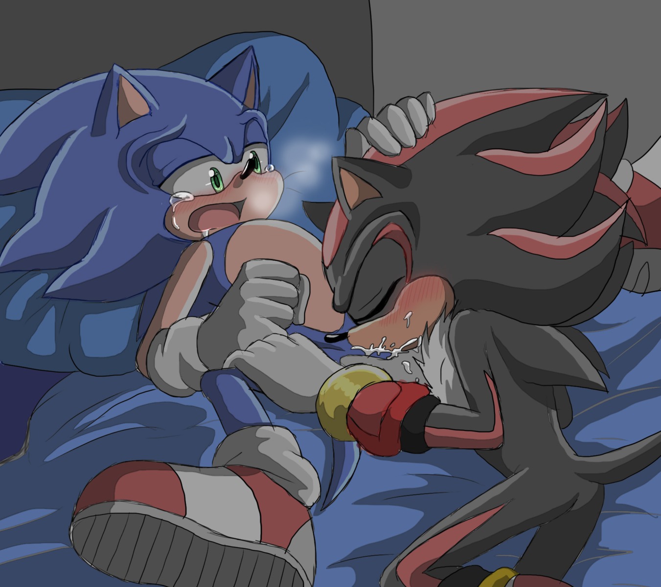 angelofhapiness anthro barefoot black_body black_fur blue_body blush bodily_fluids cum duo e621 eulipotyphlan eyes_closed feet fur genital_fluids green_eyes hedgehog hi_res intraspecies male male/male male_penetrated male_penetrating male_penetrating_male mammal oral oral_penetration orgasm penetration sega sex shadow_the_hedgehog sonic_the_hedgehog sonic_the_hedgehog_(series) tears