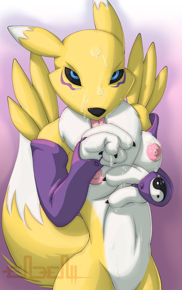 anthro canine color digimon digimon_(species) endenden female female_only fox front_view fur furry licking nude renamon rule34 solo tagme