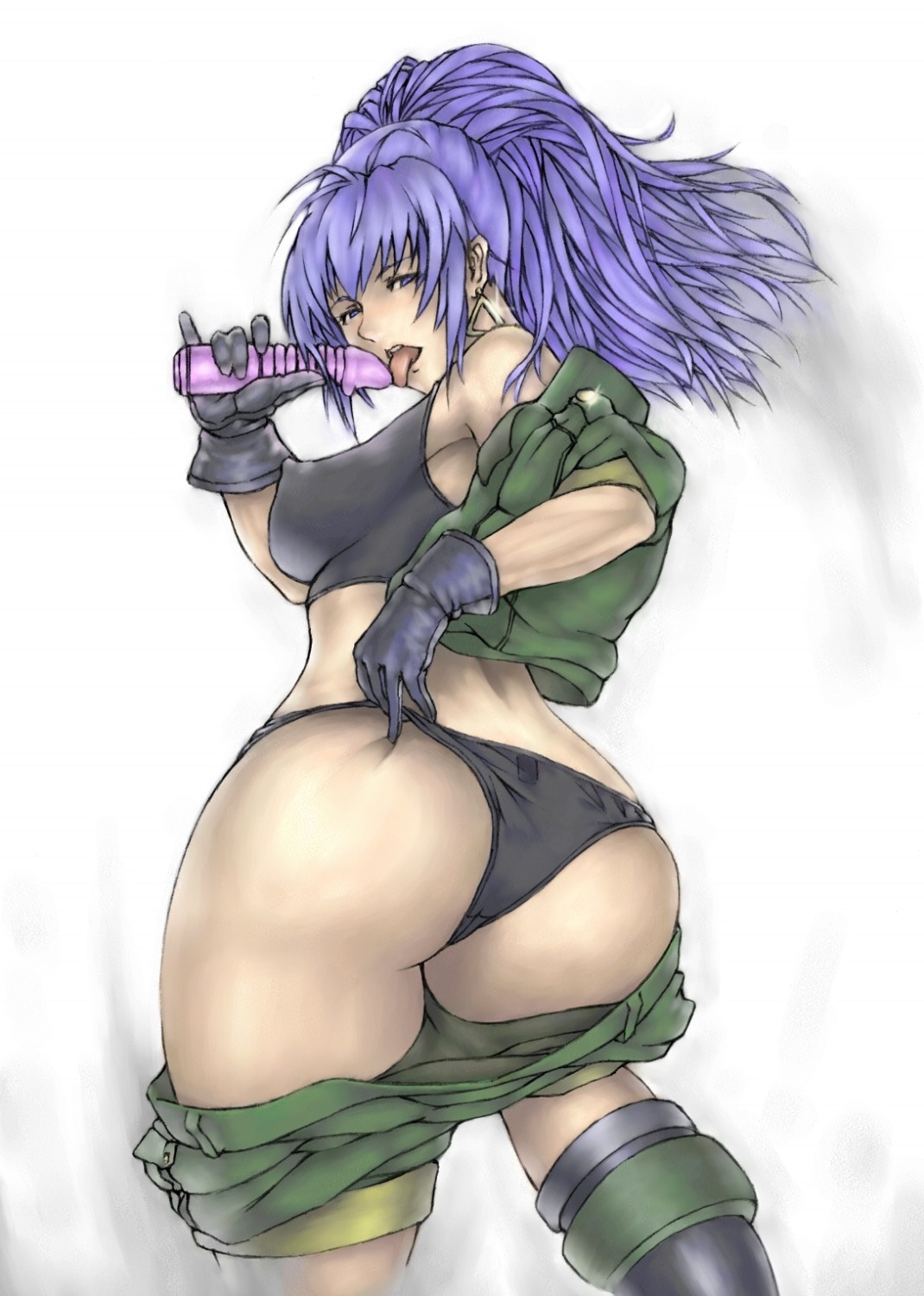 ass bangs big_ass big_breasts big_butt black_thong blue_hair breasts female gloves king_of_fighters leona_heidern licking_dildo naughty_face ponytail rule34 tagme triangle_earrings