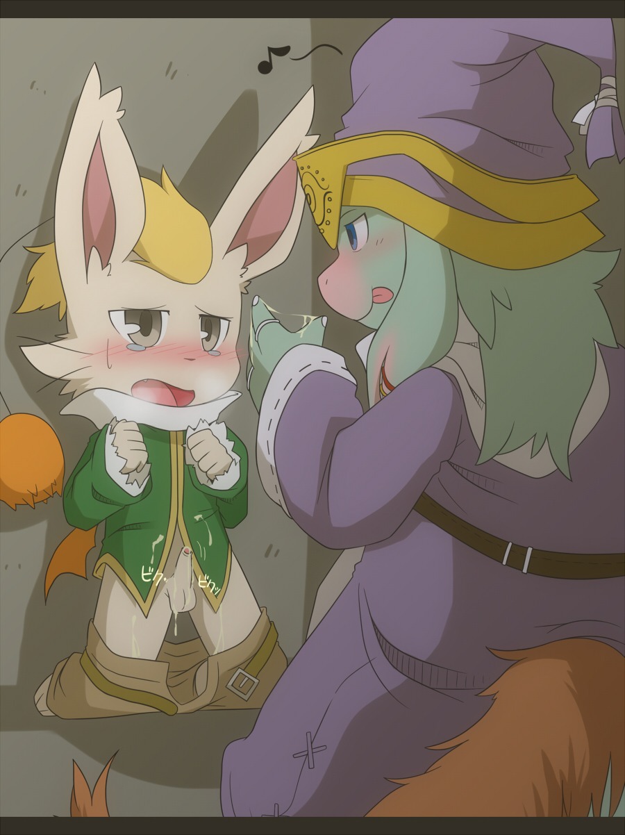 balls belt blush color cum cum_in_hands cute_fang ezel_berbier final_fantasy final_fantasy_tactics_advance furry gay hat headgear interspecies male male_only montblanc moogle multiple_males nu_mou open_mouth pants_down penis rule34 scared tail tear tongue tongue_out