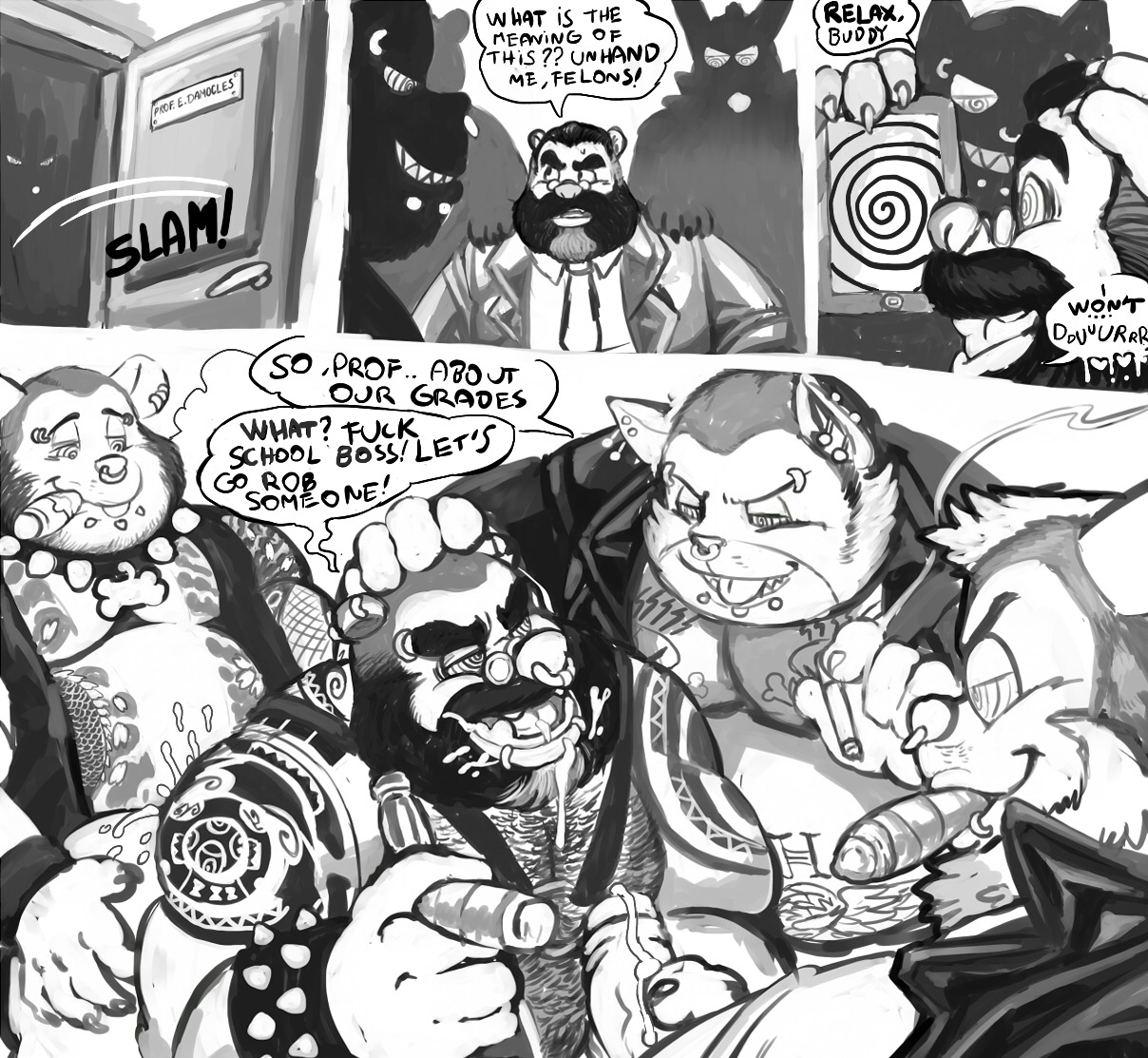 age_difference anal anal_penetration anthro anthro_on_anthro anthro_penetrated anthro_penetrating anthro_penetrating_anthro arm_tattoo bear beard belly_tattoo blazingcheecks bodily_fluids body_hair bracelet bulge chest_hair chest_tattoo cigar cigarette collar cum cum_in_ass cum_in_mouth cum_inside dialogue domestic_cat dominant dominant_male e621 ear_piercing english_text eyebrow_piercing facial_hair facial_piercing felid feline felis genital_fluids genitals group hairy harness hob hypnosis industrial_piercing jewelry lagomorph leather_daddy leporid lip_piercing male male/male male_penetrated male_penetrating male_penetrating_male mammal mature_male mind_control mouse multiple_tattoos murid murine nipples nose_piercing nose_ring older_male older_penetrated open_mouth open_smile overweight overweight_male penetration penile penile_penetration penis piercing rabbit ring_piercing ringed_eyes rodent sex smile smoke smoking speech_bubble spiked_bracelet spiked_collar spikes spiral submissive submissive_male tattoo text younger_male
