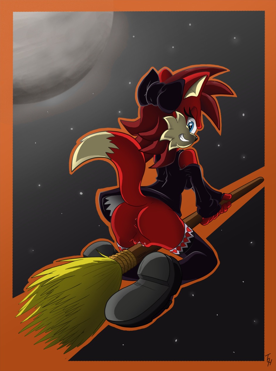 1girls anthro anus archie_comics ass black_bow black_shirt black_thighhighs bow broom canine clothes color female female_only fiona_fox fox fur furry halloween moon night outdoors red_fur red_hair rule34 sega shirt shows solo solo_female sonic_(series) sonic_the_hedgehog_(archie) sonic_the_hedgehog_(comics) sonic_the_hedgehog_(series) stars straddle tail the_other_half thighhighs