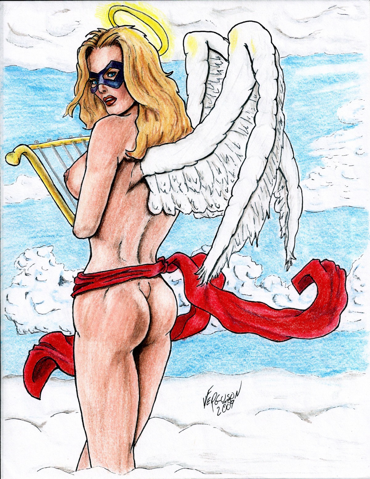 1girls 2009 angel ass avengers blonde_hair blue_eyes breasts carol_danvers female halo long_hair marvel marvel_comics ms._marvel ms._marvel_(carol_danvers) nipples rule34 solo wefergie007 wings