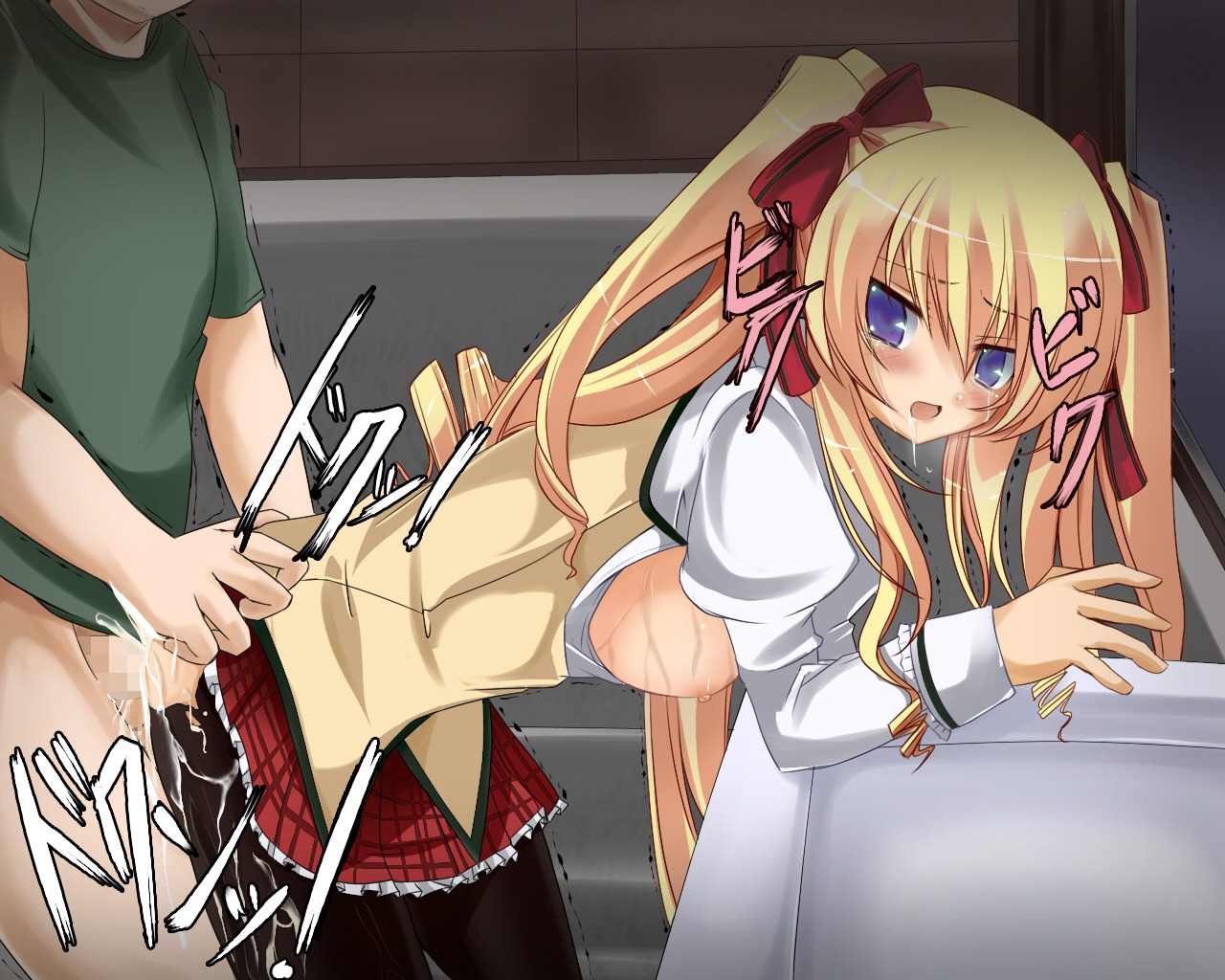 bent_over blonde_hair blue_eyes breasts censored cum cum_on_body cum_on_clothes cum_on_lower_body drill_hair female miniskirt rule34 sex skirt tears thighhighs tied_hair twintails