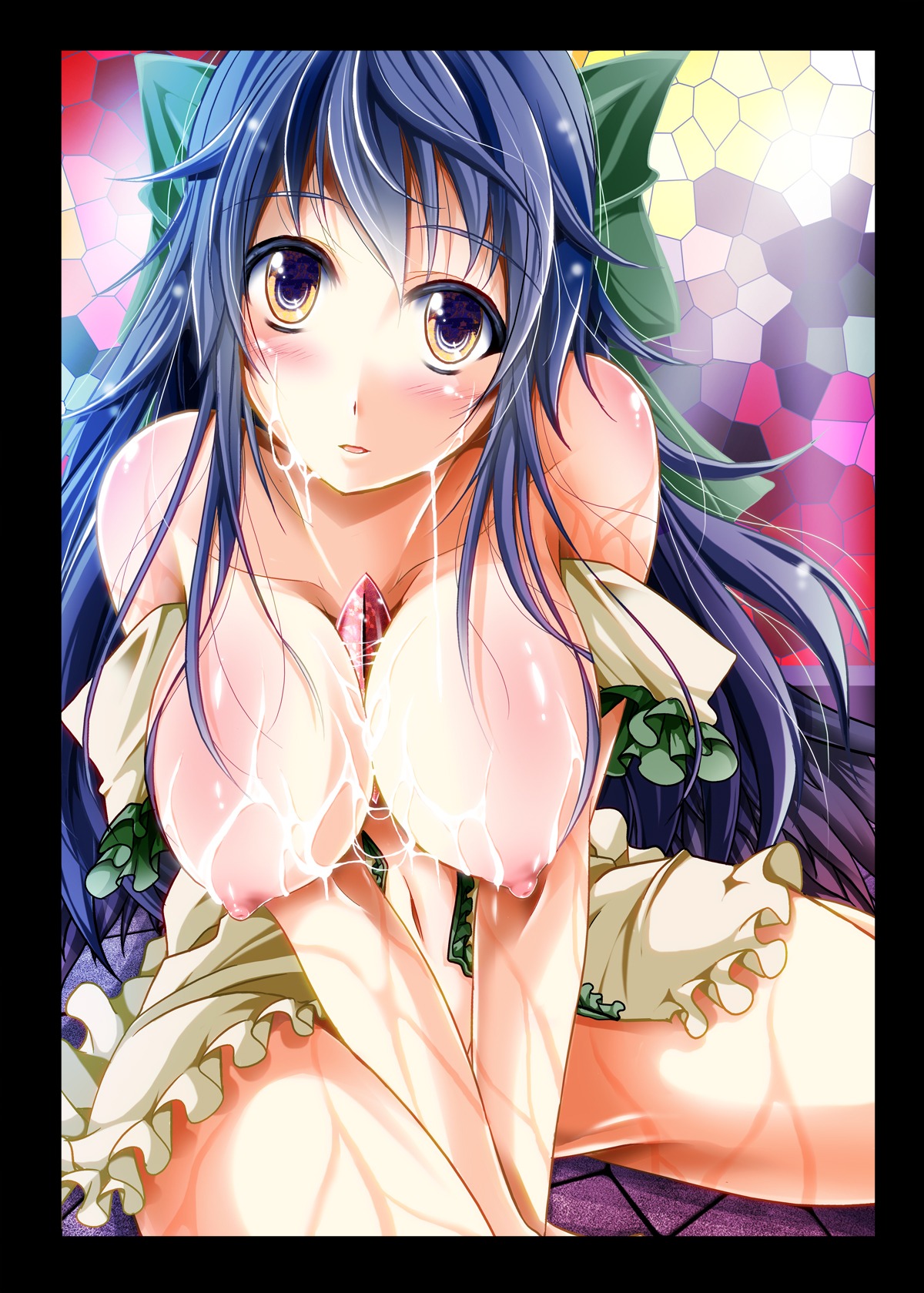 1girls bare_shoulders blue_hair blush bow breasts cum cum_on_body cum_on_breasts cum_on_upper_body facial female hairbow highres long_hair navel nipples reiha_(penetrate) rule34 solo touhou utsuho_reiuji yellow_eyes
