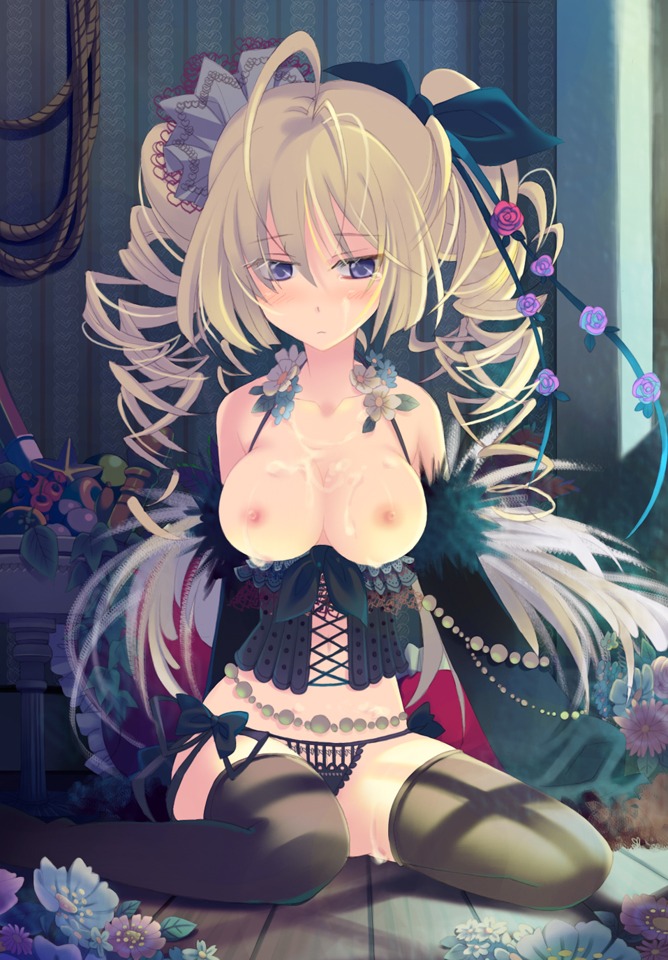 blonde_hair blue_eyes blush breasts bustier corset cum cum_on_body cum_on_breasts cum_on_upper_body cumdrip detached_sleeves drill_hair facial feathers female flower hair_ribbon lingerie midriff nipples original panties ribbon rule34 side-tie_panties sitting straight_hair thighhighs tied_hair twintails underwear yamadori_yoshitomo