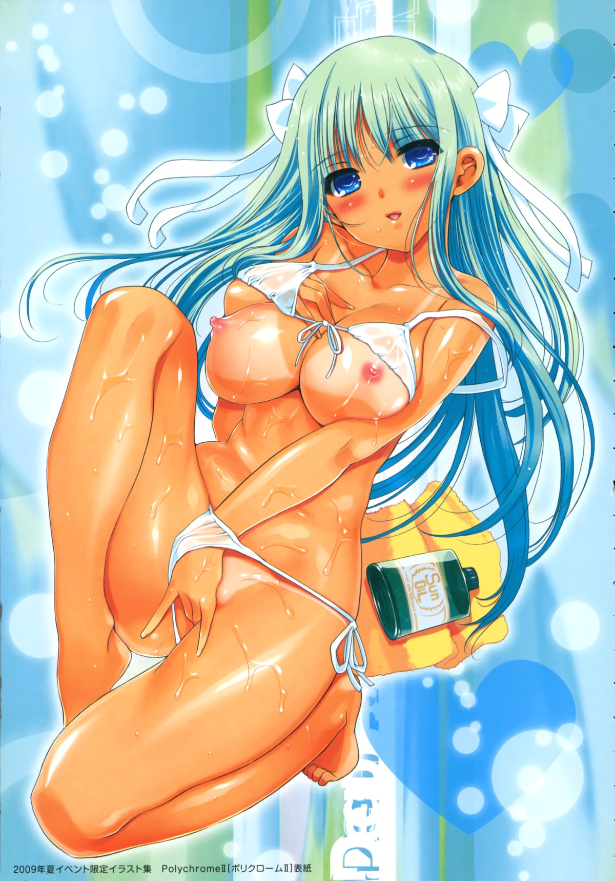 1girls barefoot bikini blue_eyes blush bow breasts cleavage erect_nipples female fingering front-tie_top green_hair hairbow high_resolution kiya_shii kneeling large_breasts long_hair lotion masturbation nipples oil original rule34 side-tie_bikini solo string_bikini sunscreen suntan_lotion swimsuit tan tanline towel wet