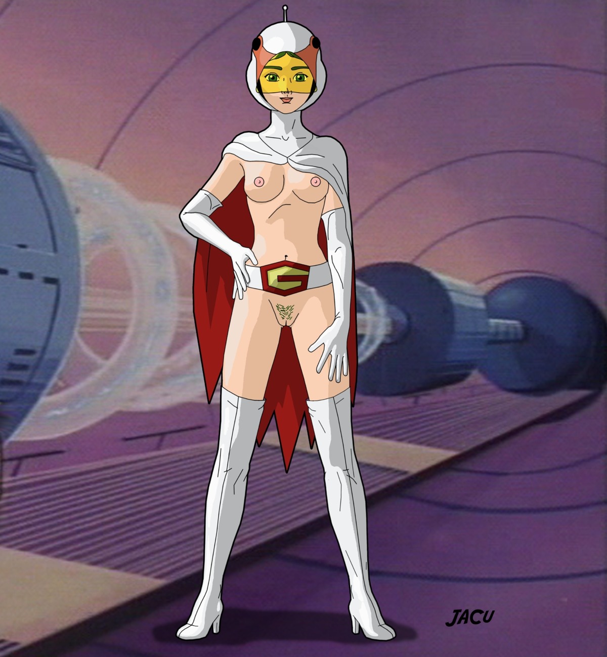 1girls boots breasts cape female gatchaman gloves helmet human jacu jun_the_swan light-skinned_female light_skin nipples rule34 superheroine visor