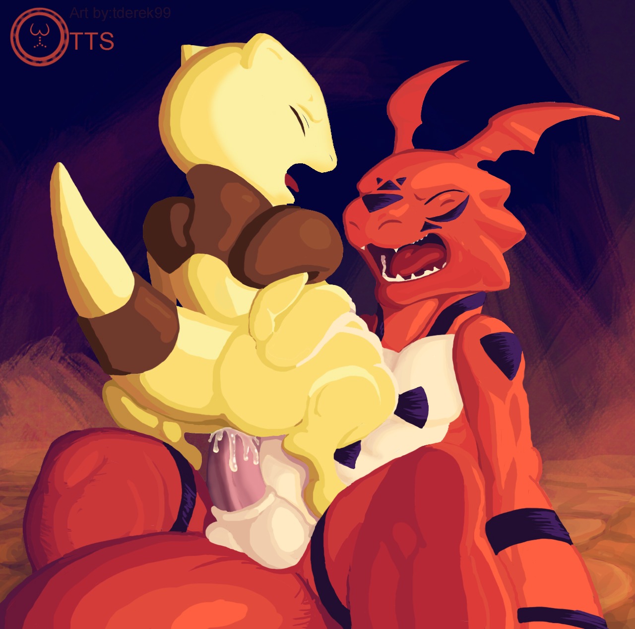 abra bandai_namco bodily_fluids conditional_dnp crossover cum digimon digimon_(species) digital_hazard duo e621 erection fan_character feral generation_1_pokemon genital_fluids genitals guilmon hi_res inverted_zero_unit male markings matimura nintendo open_mouth otts penis pokemon pokemon_(species) scalie sex symbol tail tderek99 tongue tricksta volsar zero_unit