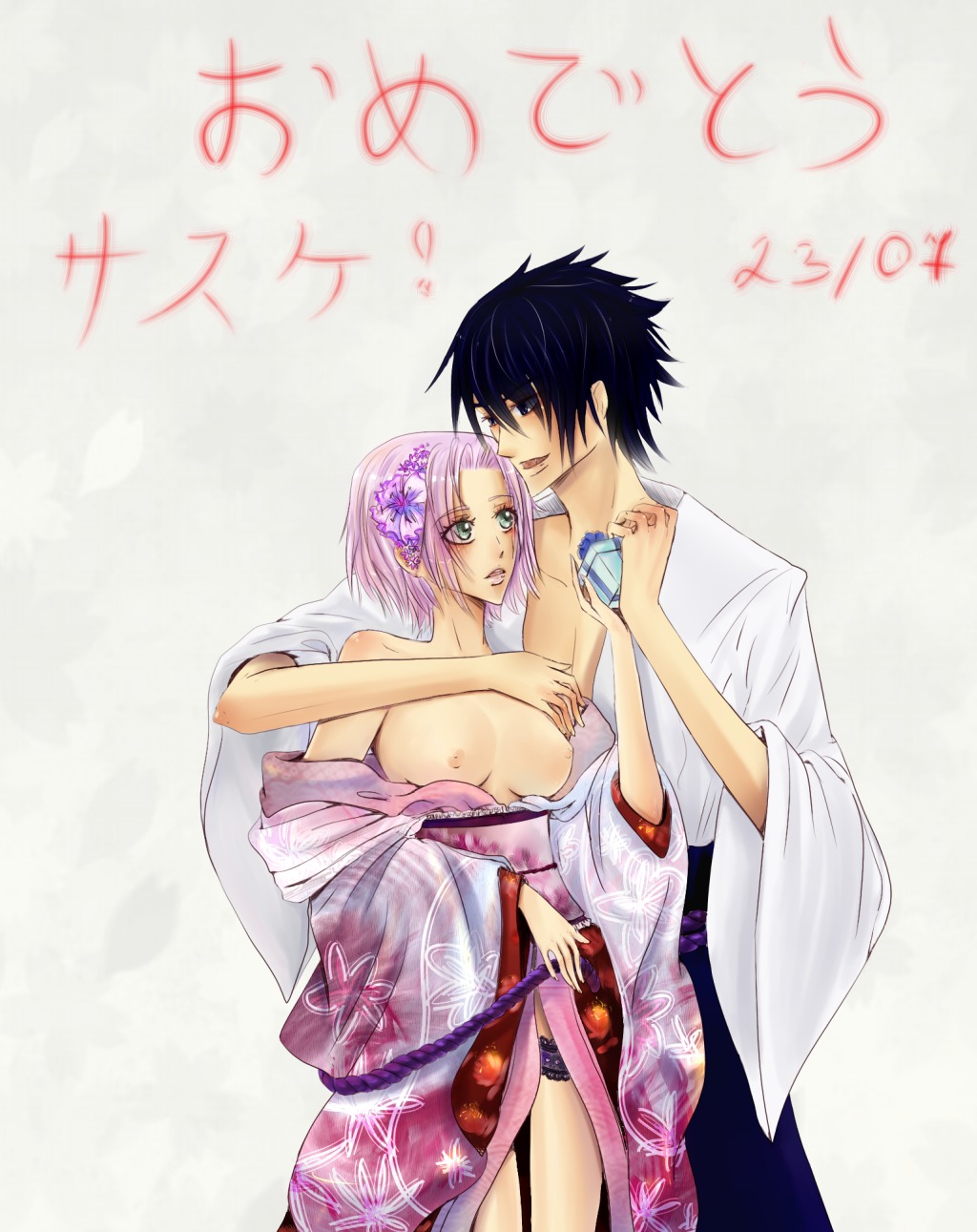 black_hair breast_grab breasts female human kimono male naruto naruto_(series) nipples rule34 sakura_haruno sasuke_uchiha straight