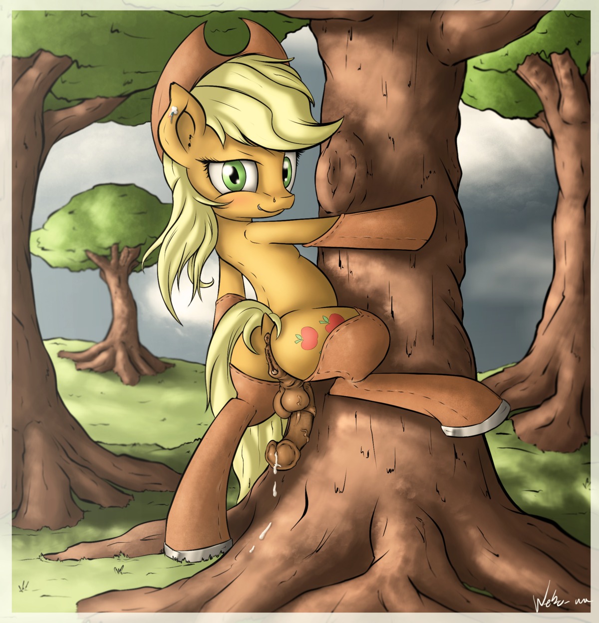 2014 animal_genitalia animal_penis applejack_(mlp) backsack balls blonde_hair bodily_fluids butt clothing cloud cowboy_hat cum cutie_mark e621 earth_pony equid equine equine_genitalia equine_penis erection eyelashes feral friendship_is_magic fur genital_fluids genitals green_eyes hair hasbro hat headgear headwear herm herm_feral hi_res horse intersex intersex_feral looking_at_viewer mammal my_little_pony neko-me orange_body orange_fur outside penis penis_backwards plant pony solo tree vein vulva