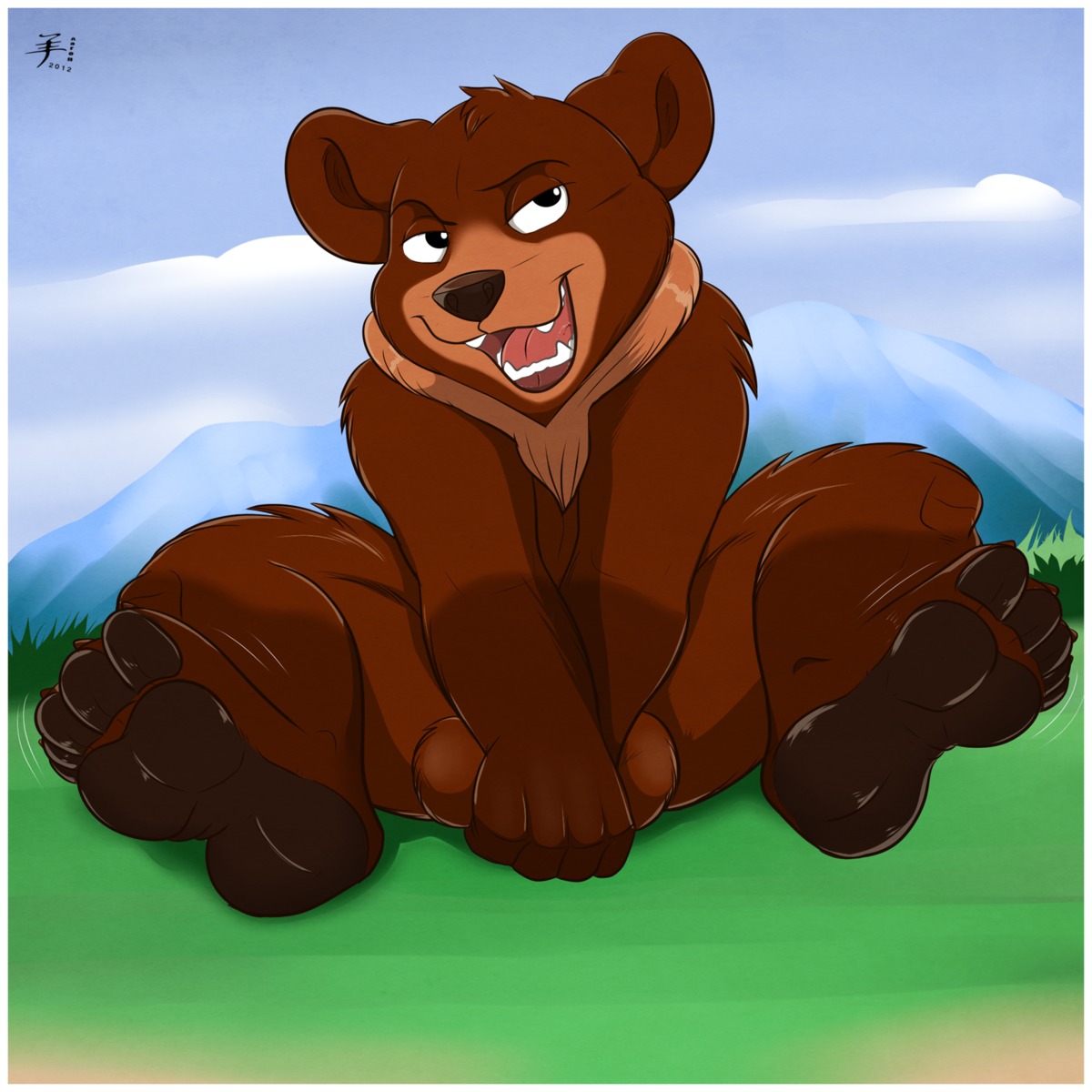 1:1 2012 4_toes aaron_(artist) anthro balls bear border brother_bear brown_balls brown_bear claws covering covering_self digital_media_(artwork) disney e621 feet genitals grizzly_bear hair hi_res koda_(brother_bear) male mammal naughty_face nude open_mouth outside pawpads paws sky slightly_chubby soles solo toe_claws toes ursine white_border young young_anthro