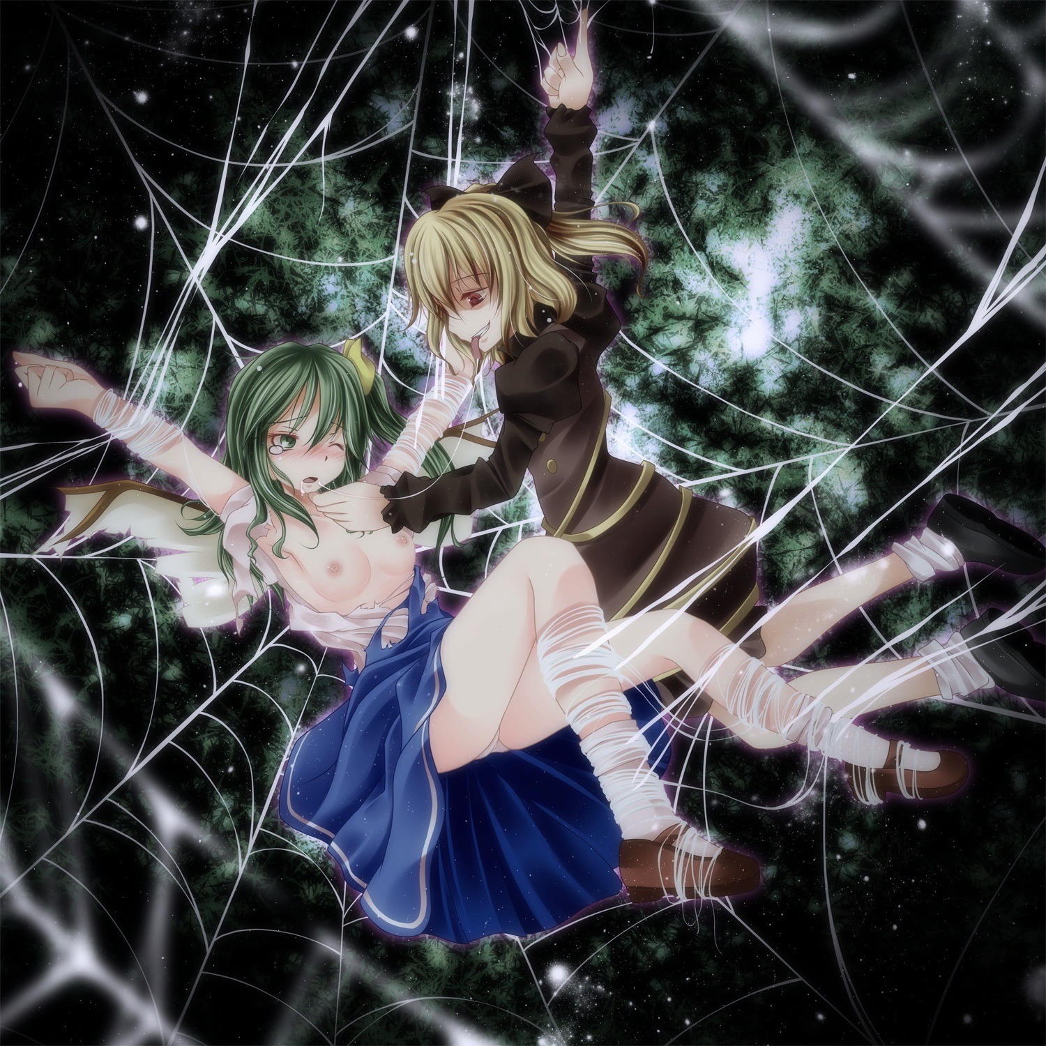 blonde_hair daiyousei fairy fairy_wings female green_eyes green_hair no_humans rule34 subterranean_animism tagme team_shanghai_alice torn_wings touhou yamame_kurodani yellow_eyes youkai