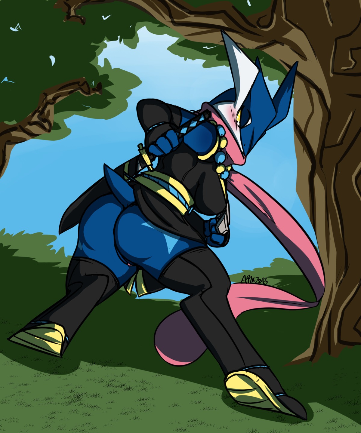 5:6 absurd_res amphibian anthro avante92 biped blush bottomless breasts butt clothed clothing e621 female footwear generation_6_pokemon genitals greninja hi_res holding_melee_weapon holding_object holding_sword holding_weapon jewelry knife legwear long_tongue melee_weapon nature necklace ninja nintendo non-mammal_breasts outside pokemon pokemon_(species) pose sandals shoes solo stockings sword tongue tongue_out vulva warrior weapon