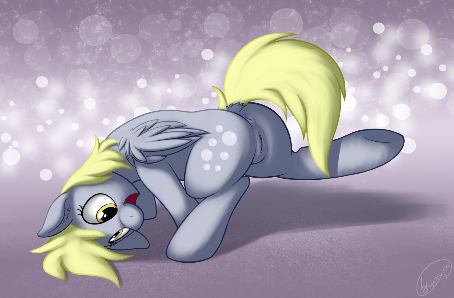 anus blonde_hair butt cutie_mark derpy_hooves_(mlp) e621 equid equine feathered_wings feathers female feral friendship_is_magic fur genitals grey_body grey_feathers grey_fur hair hasbro hi_res mammal my_little_pony mythological_creature mythological_equine mythology nude open_mouth pegasus signature skipsy smile solo tail tongue vulva wings yellow_eyes